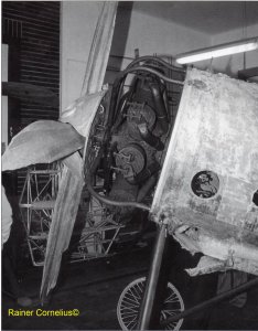 Der Siemens-Halske SH 3 Umlaufmotor vor der Restaurierung,
 noch im Flugzeug eingebaut,
 im Jahr 2000